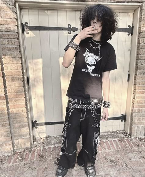 Opiumcore Outfits Boy, Emo Fits 2000s Men, Horrorcore Outfits Men, Mall Goth Mens Fashion, Baggy Emo Outfits Male, Goth Guy Clothes, Y2k Goth Outfits Men, Men’s Goth Outfits, Grunge Y2k Male Outfits