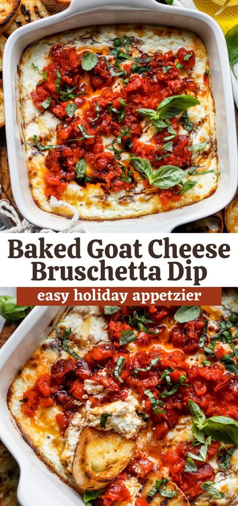 Bruschetta Dip Recipe, Goat Cheese Bruschetta, Bruschetta Dip, Cheese Bruschetta, Baked Goat Cheese, Creamy Goat Cheese, Cheese And Tomato, Party Dip, Tomato Bruschetta