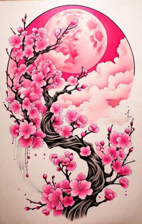 Women Tattoos Japanese, Geisha Cherry Blossom Tattoo, Cherry Blossom Tattoo Thigh Piece, Japanese Flower Tattoos For Women, Woman Japanese Tattoo, Cherrybloom Tattoo, Cherry Blossom Tattoo Drawing, Cherry Blossom Japanese Tattoo, Sakura Blossom Tattoo