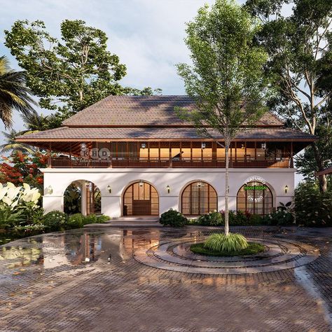 Luxury traditional house Kerala Traditional House, Traditional Home Design, Filipino House, Filipino Architecture, Luxury House Design, Art Buildings, Colonial House Exteriors, Bali House, Resort Architecture