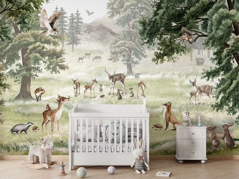 🌳✨ Transform your little one's bedroom into a magical woodland retreat with our Forest Fun Wallpaper Murals! Luxurious, vibrant, and perfect for sparking imagination. Whether it's nap time or playtime, this wallpaper brings joy and style to any kids' room. 🌈🐾 Dive into a world where every wall tells a story! #kidsroomdecor #luxuryliving #colorfulinteriors #classyhome #bedroomdesign #wallpaperlove #homerefresh Forest Animal Nursery, Fun Wallpaper, Door Murals, Seamless Paper, Stock Wallpaper, Spring Wallpaper, Woodland Forest, Wallpaper Rolls, Nursery Wallpaper