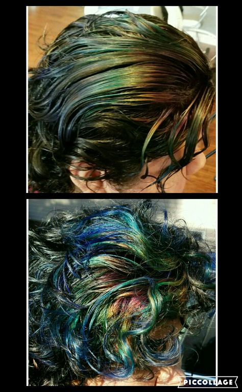 Oil Slick Short Hair, Short Oil Slick Hair, Oil Slick Aesthetic, Oil Spill Hair Dye, Blue Hair Inspo Color, Oil Green Outfit, Pigeon Hair, Oil Slick Nails, Oil Spill Hair