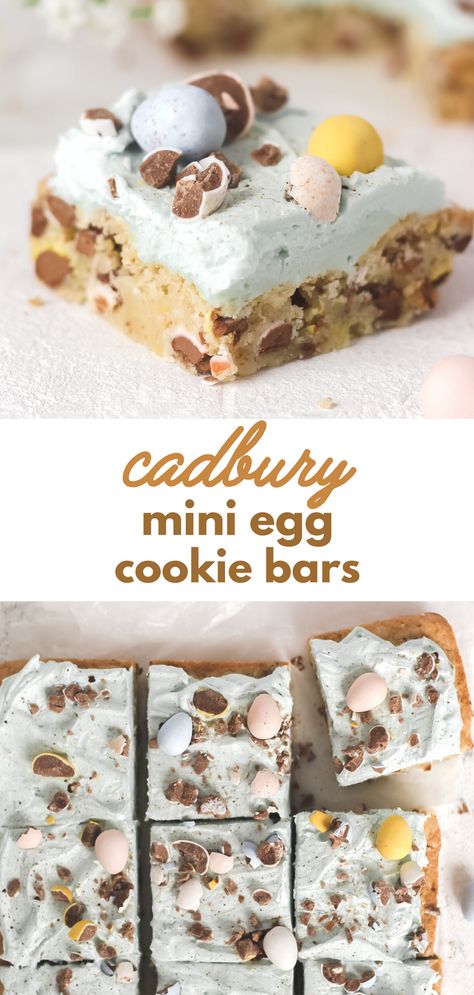 Mini Egg Easter Dessert, Cadbury Dessert Recipes, Easter Desserts With Mini Eggs, Robins Egg Dessert, Cadbury Mini Egg Cookie Bars, Cadbury Easter Egg Cheesecake, Cadbury Egg Bars, Cadbury Cookie Bars, Cadbury Brownies Recipes