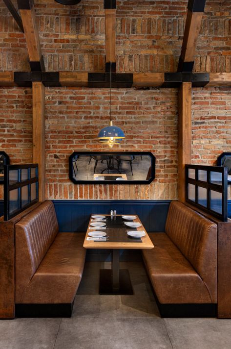 Restaurant Booth Design, Brick Interior Design, Restaurant Seating Design, Restaurant Table Design, Restaurant Booth Seating, Meat Restaurant, Modern Restaurant Design, Restaurant Booth, Brick Interior