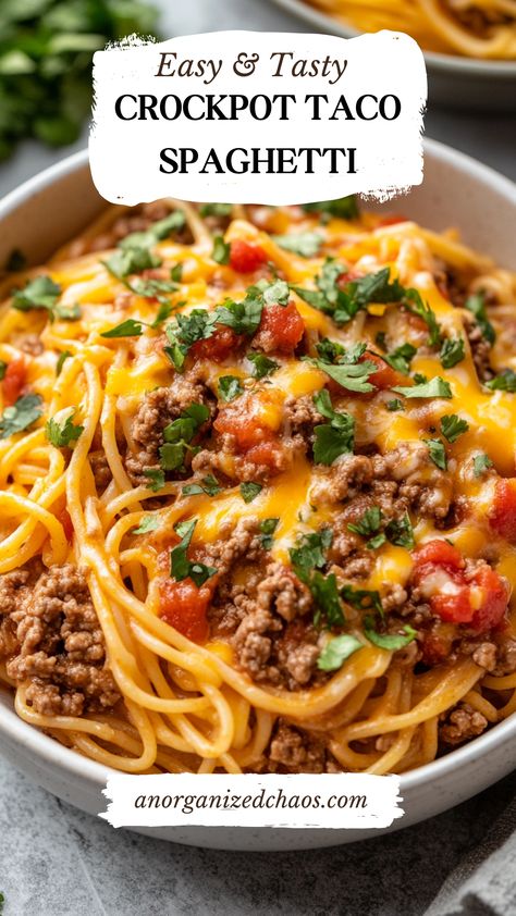 CrockPot Taco Spaghetti Crock Pot Cheap Dinners, Savory Slow Cooker Recipes, Crockpot Taco Tuesday, Basic Crockpot Recipes, Easy Family Recipes Healthy, Good With Ground Beef, Famous Crockpot Recipes, Easy Recipes Dinner Crockpot, Walking Taco Crockpot Recipe