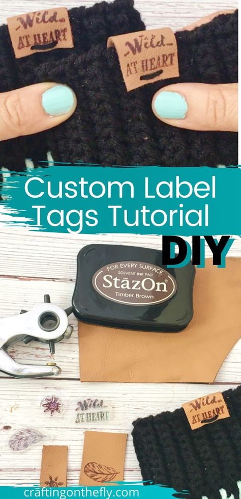 Homemade Tags For Crochet Items, Custom Tags For Crochet, Leather Label Tag, Diy Faux Leather Hat Tags, Leather Tabs For Crochet, How To Make Leather Tags For Hats, Leather Tags For Handmade Items Diy, Crochet Labels Tags, Product Tags For Handmade Items