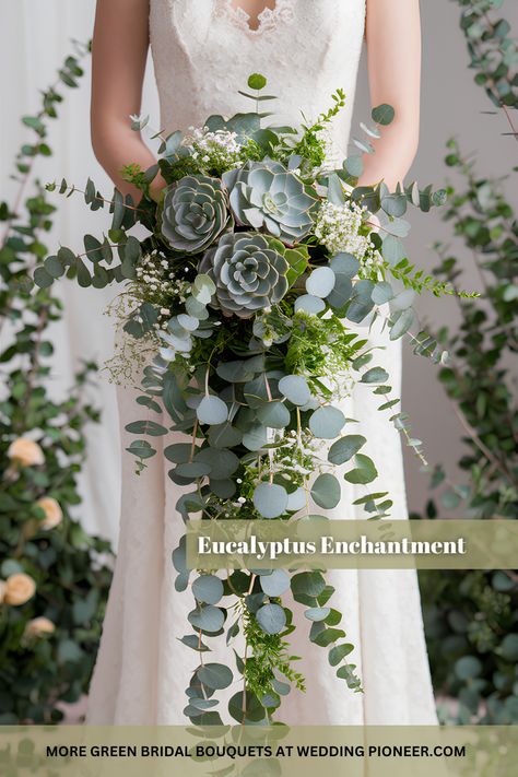 Budget-Friendly Green Wedding Bouquet Ideas Dark Green Flower Arrangements, Dark Green And Eucalyptus Wedding, Wedding Eucalyptus Bouquet, Forest Bridal Bouquet, Eucalyptus Wedding Florals, Bells Of Ireland Bouquet, Green Flowers For Wedding, Dark Green Bouquet, Wedding Bouquets Greenery