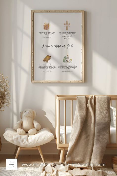 This biblical scripture art has I am a child of God in the center and then 4 inspirational scriptures about children around it in neutral colors. There is Psalm 127:3 children are a gift from the Lord with an image of a gift, Mark 10:14 with the image of a cross, Proverbs 22:6 Train up Children in the way they should go with the image of a Bible, and Ephesians 6:4 with the image of a church. This Biblical scripture art is a perfect neutral baby nursery decoration or baby dedication gift! Lion Of Judah Nursery, Biblical Decorating Ideas, Christian Nursery Theme, Biblical Nursery, Christian Baby Nursery, Christian Nursery, Christian Baby Shower, Baby Dedication Gifts, Lamb Nursery