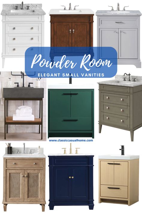 Small Powder Room Design, Powder Room Vanity Ideas, Classic Powder Room, Small Vanities, Blue Powder Room, Powder Room Vanities, Powder Room Bathroom, Bathrooms Decor, Stone Lighting