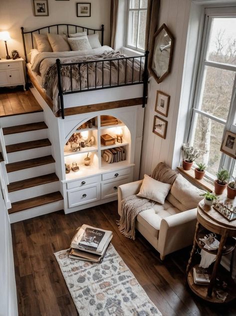 Tiny Homes With 2 Bedrooms, Tiny Cottage Interior Design, Loft Bed Ideas For Small Rooms Space Saving, Tiny Cottage Interior, Small Barn Home, Adu Ideas, Design Ložnic, Bahay Kubo, Shed To Tiny House