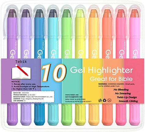 Amazon.com : Tebik Gel Highlighter, 10 Colors Bible Safe Highlighter Study Kit, Highlighters Assorted Colors, Twistable Design, No Bleeding Great for Journaling, Highlighting and Study : Office Products Highlighter Study, Bible Journaling Supplies, Highlighter Set, Bible Study Tools, Liquid Highlighter, Bible Coloring, Study Office, Office Products, Gel Pens