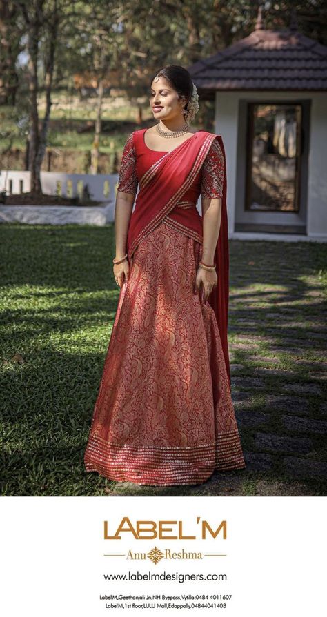 Brocade Half Saree, Dhawani Designs Kerala Wedding, Davani Half Saree Kerala, Pattu Pavada Women, Kerala Dhavani, Dhavani Designs, Kerala Engagement Dress, Long Skirt Top Designs, Kerala Saree Blouse Designs