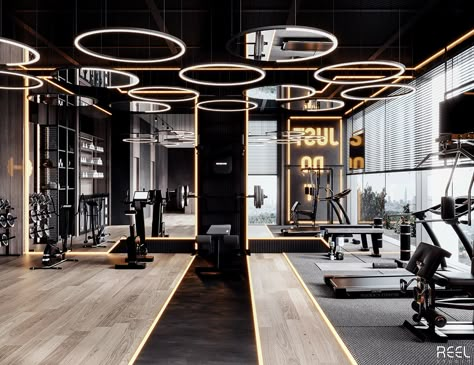 GYM on Behance Boutique Gym Design, Gym Architecture, Commercial Gym Design, Fitness Center Design, Hype Beast Bedroom, Boutique Gym, Gym Lighting, Gym Design Interior, Luxury Gym