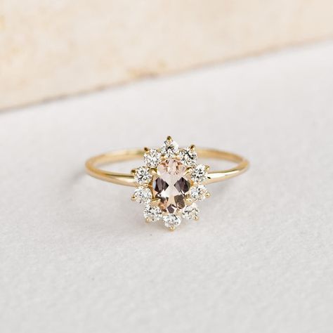 Sunburst Morganite Halo Ring - Evelina 0.4 Carat Oval Engagement Ring, Halo Oval Engagement Rings, Linjer Jewelry, Morganite Halo Ring, Halo Oval Engagement Ring, Sunburst Ring, Morganite Gemstone, Future Engagement Rings, Yellow Diamond Rings