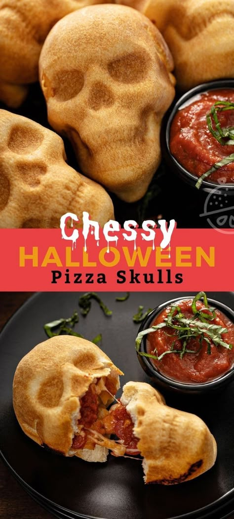 Pizza Skulls, Halloween Pizza, Recetas Halloween, Halloween Food Appetizers, Cheesy Pizza, Halloween Movie Night, Spooky Food, Halloween Party Snacks, Fun Halloween Food