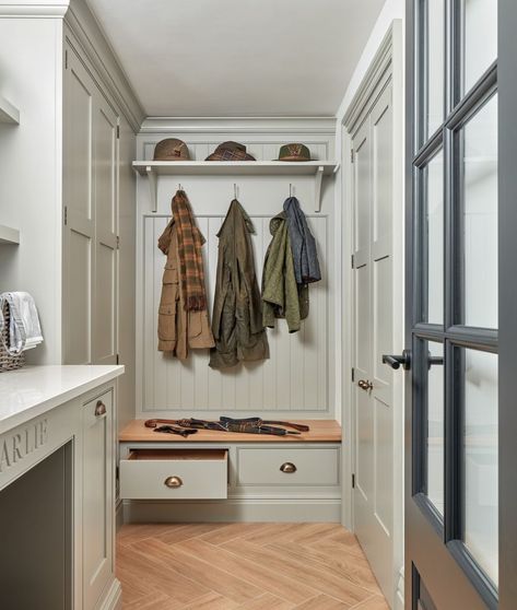 Tom Howley Kitchens, Utility Boot Room, Utility Ideas, Boot Room Utility, Tom Howley, Boot Rooms, Cloakroom Ideas, Blue Kitchen Designs, Narrow Laundry Room