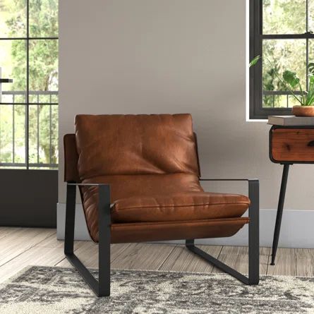 Trent Austin Design® Marenco 29" Wide Top Grain Leather Armchair | Wayfair Leather And Metal Accent Chair, Leather Chairs Sitting Room, Modern Leather Chair, Leather Arm Chair, Brown Leather Armchair, Brown Leather Chairs, Genuine Leather Sofa, Leather Accent Chair, Leather Chairs