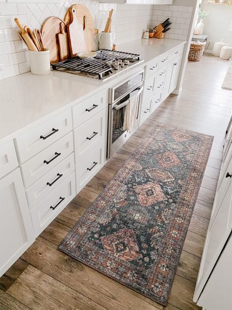 Kitchen Runner Rugs Under $75 - Sprucing Up Mamahood Kitchen Runner Rugs, Kitchen Rugs Ideas, Rug Runner Kitchen, Kitchen Runner Rug, Boho Kitchen, Kitchen Runner, Runner Rugs, White Cabinets, Kitchen Rug