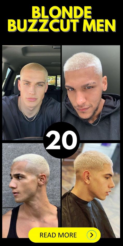 The aesthetic appeal of blonde buzzcut men with a bleach-blonde finish and a fade is undeniable. Ideal for those with tan skin, the look can range from a natural low fade to a more dramatic skinfade, often paired with a messy beard for an added rugged charm. This hairstyle not only highlights the individual's features, like blue eyes or a well-defined jawline but also complements any outfit, from casual to more textured and colored ensembles. Mens Bleached Buzzcut, Men’s Bleached Haircuts, Buzzcut Men Blonde, Buzzcut Receding Hairline, Textured Buzzcut Men, Messy Buzzcut, Medium Buzzcut Men, Blonde Buzz Cut Men, Blonde Hair Men Hairstyles