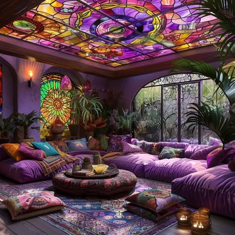 Purple House Interior Ideas, Colorful Homes, Rainbow House, Fantasy Rooms, زجاج ملون, 3d Studio, Maximalist Decor, Fantasy House, Dream House Rooms