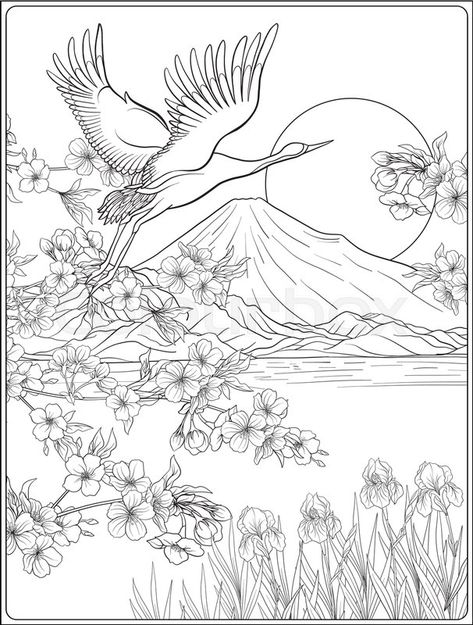 Japanese Landscape with Mount Fuji and tradition flowers and a bird. Outline drawing coloring page. Coloring book for adult. Vector stock illustration. | Stock Vector | Colourbox on Colourbox Bird Outline, Landscape Design Drawings, A Coloring Page, Mont Fuji, Garden Drawing, Outline Drawing, Japanese Landscape, Landscape Designs, Outline Drawings