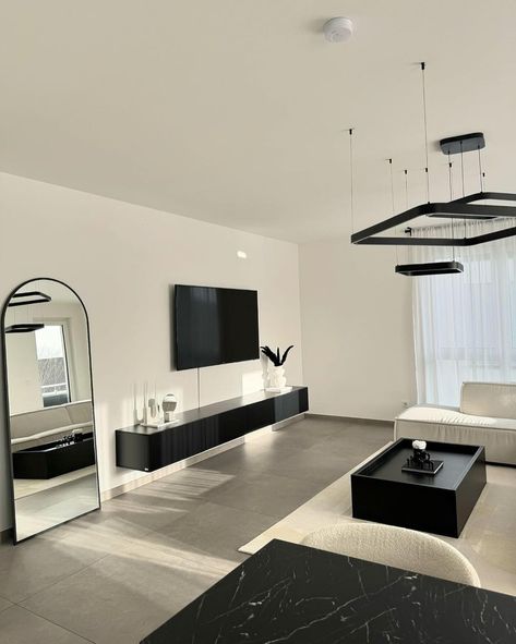 Home Interior Black And White, Room Inspo Modern Minimalist, Minimalist And Modern Living Room, Modern Home Decor Black And White, White House Black Furniture, Black And White Monochrome Living Room, Modern Living Room Ideas Black And White, Black White House Decor, Living Room Inspo Black And White