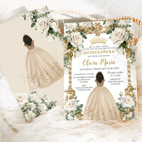 Sweet 16 Dresses Champagne, Ivory Quinceanera Theme, Champagne Quince Theme, Champagne Quinceanera Theme, Light Pink Quinceanera, Princess And The Frog Quince, Xv Invitations, Quince Invites, Stage Green