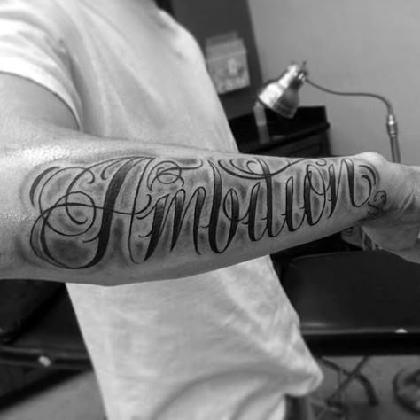 Guys Outer Forearm Shaded Ambition Tattoo Design Ideas Ambition Tattoo, Jiu Jitsu Tattoo, Wörter Tattoos, Forearm Tattoo Quotes, Outer Forearm Tattoo, Fonts For Tattoos, Wrist Tattoo Ideas, Lettering Tattoo, Wrist Tattoo