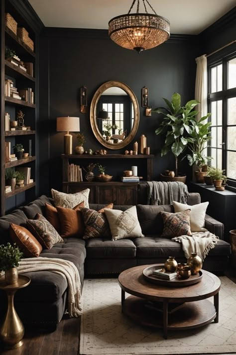 Natural Moody Living Room, Black Interior Walls Living Room, Lounge Vibe Living Room, Home Decor Ideas For Grey Walls, Living Room With Neon Sign, Modern Desert Boho Decor, Dark Style House, Dark Green Cozy Living Room, Dark And Moody Lounge Room