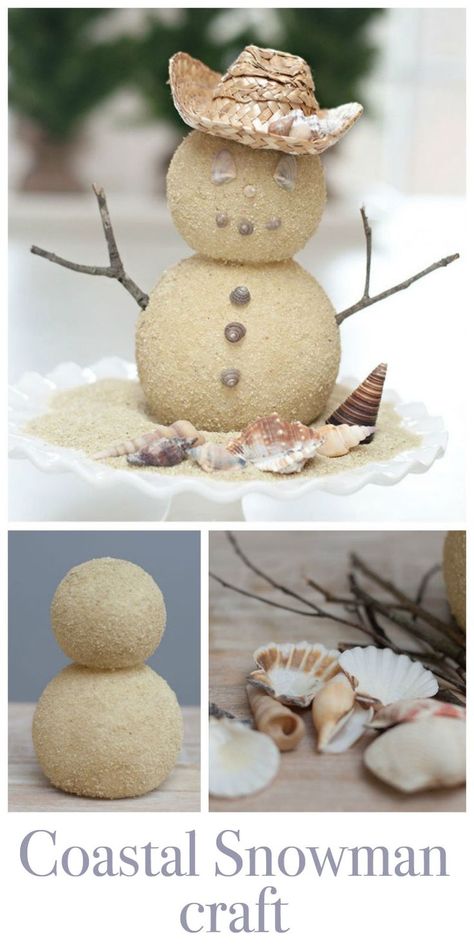 Cute and easy Snowman Craft - Beachy Style Coastal Snowman Diy, Snowman On The Beach, Christmas Beach Crafts Diy, Tropical Holiday Decorations, Winter Beach House Decor, Beach Holiday Decor, Summer Christmas Crafts, Diy Tropical Christmas Decorations, Beach Christmas Diy