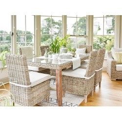 Orangery Kitchen, Glass Dinning Table, Bohemian Dining Room, Conservatory Ideas, Rattan Dining Table, Conservatory Furniture, Conservatory Garden, Furniture Rattan, Rattan Dining