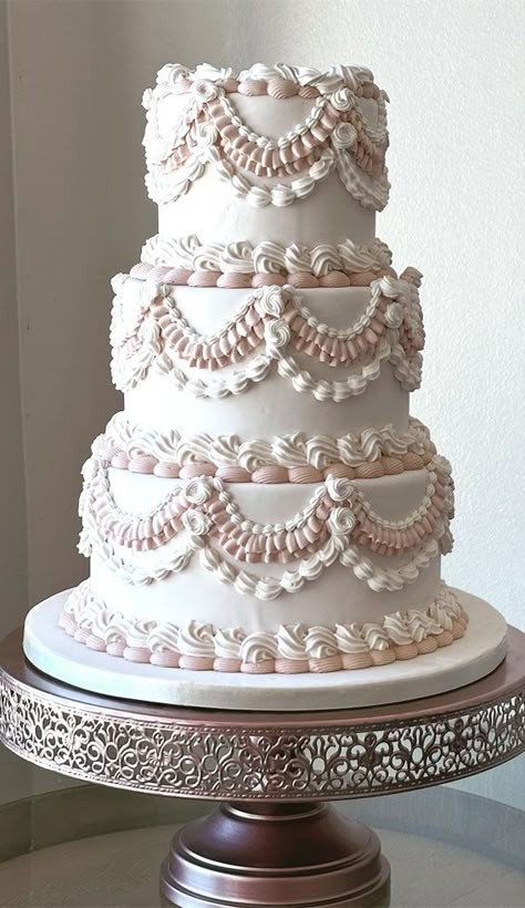 50 Lambeth Cake Ideas for Masterful Cake Decorating : Pale Pink & White Two Tiers Quinceanera Birthday Cake, Fancy Cake Designs, Victorian Cakes, Lambeth Cake, Bolo Vintage, Vintage Wedding Cakes, Tiered Cakes Birthday, Tiered Cake Design, Vintage Birthday Cakes