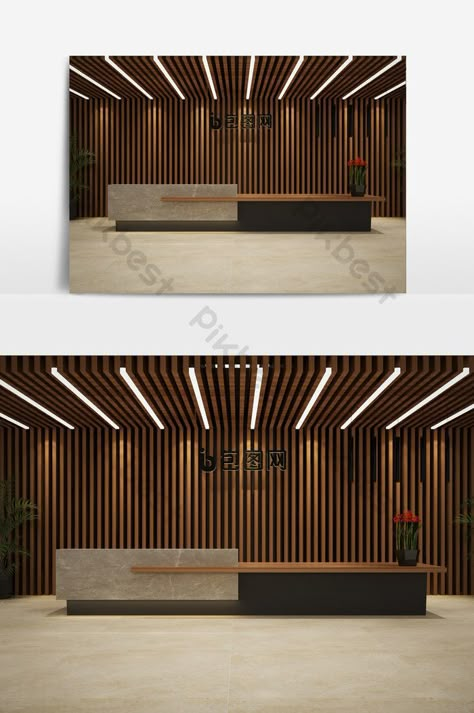 industrial style office reception area front desk Front Desk Lighting, Recepsionis Design, Info Desk Design, Industrial Front Desk, Hotel Counter Design, Reception Counter Design Ideas, Industrial Reception Area, Reseption Zone Design, Front Desk Ideas Reception Areas