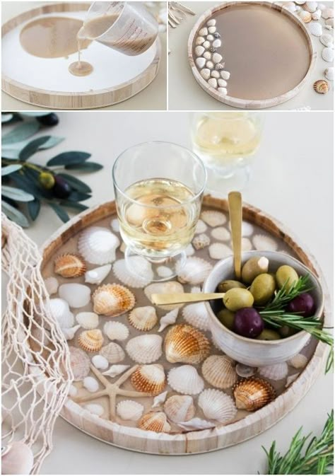 DIY Seashell Resin Tray Resin Tray Diy, Seashell Diy, Seashell Art Diy, Sea Shells Diy, Beach Themed Crafts, Seashell Projects, Shells Diy, Shell Ideas, Shell Craft