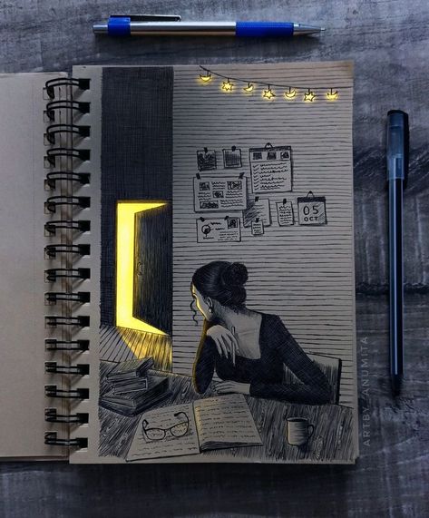 Beautiful Drawing Sketches, There's A Hope That's Waiting For You In The Dark, Sketch Book Creative Ideas, Drawing Ideas Artistic, Aesthetic Book Art, Art Journal Drawing Ideas, Cool Sketches Aesthetic, Sketch Color Drawings, Random Sketch Ideas Dark