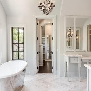 White and Gray French Style Bathroom with Marble Herringbone Tile Floor French Style Bathroom, Marble Herringbone Floor, Marble Herringbone Tile, Herringbone Tile Floors, Marble Bathroom Floor, Marble Herringbone, French Bathroom, Zen Bathroom, Marble Floors