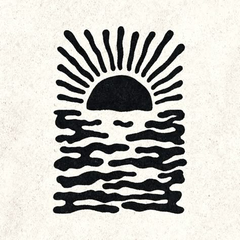 Lino Print Illustration, Sun Lino Print, Sunset Illustration Art, Drawing Ideas Ocean, Sun Graphic Design, Sunset Sketch, Waves Illustration, Sunset Drawing, Sunset Tattoo