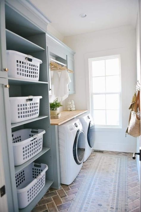 Laundry Room Separator Ideas, Laundry Room Storage Wall, Open Storage Laundry Room, Mud Room In Laundry Room, Closet And Laundry Room Ideas, First Floor Laundry Room, Laundry Room With Folding Area, Basement Laundry And Storage Room, Home Interior Design Laundry Room