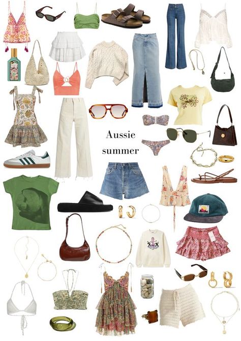 Australian Summer Style #SandyToesStyle #BeachHats #ShellJewelry #SeashellHairclips Summer Clothes Australia, 2024 Clothing Aesthetic, Australian Fashion 2024, Summer Outfits 2023 Australia, Aussie Fashion Summer, Summer 2034 Outfits, Outfit Ideas Australia, Shein Europe Outfits, Australian Vacation Outfits