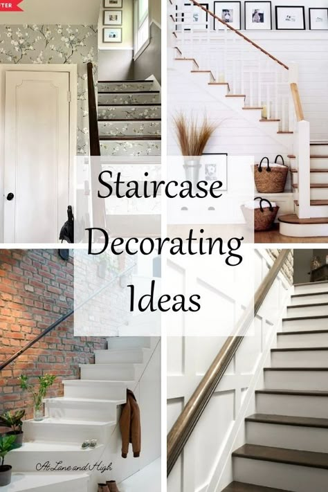 Stairways and hallways are the forgotten spaces that we tend to not decorate. It's such a shame because these are the spaces that could be spectacular with just a little bit of effort. Today I am sharing 11 stylish staircase decorating ideas so you too can spruce up that forgotten room. Staircase Wall Color Ideas, Staircase And Landing Ideas, Idea For Stairs Wall, Boho Staircase Decor, Slanted Stair Wall Decor, Stairwell Landing Ideas, Corner Staircase Decor, Down Stairs Decor Ideas, Decor For Stairs Walls