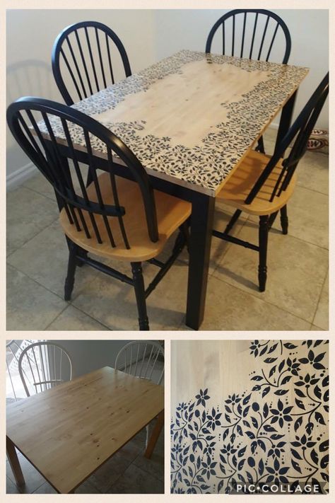 Hand Painted Dining Table And Chairs, Upcycle Dinner Table, Hand Painted Dining Table, Repainted Chairs, Stenciled Table Top, Repainted Table, Stencil Table Top, Cheap Dining Room Table, Painted Dining Room Table