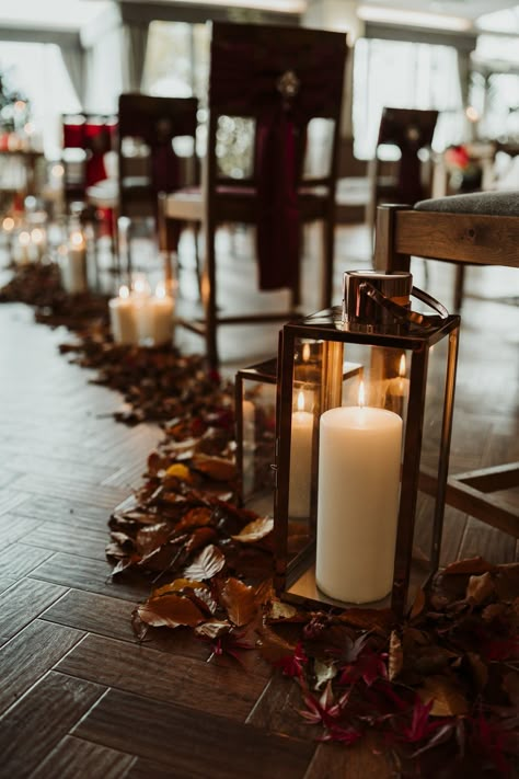 Fall Wedding Lantern Decor, Hanging Lanterns Wedding Aisle, Copper Lanterns Wedding, Autumn Aisle Decorations, Lantern Ceremony Aisle, Fall Wedding Lanterns, Fall Wedding Isles Decoration Indoor, Pumpkin Wedding Aisle, Candle Lit Isle