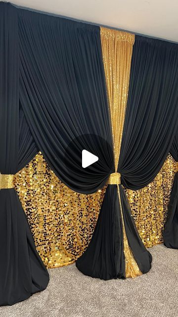 CustomEventCreations | Michigan on Instagram: "Father’s Day backdrop idea with black and gold drapes #fathersday #michiganeventdesigner #detroiteventdecorator #detroiteventdesigner" Red White Gold Party, Church Event Decorations, Diy Masquerade Decorations, Hot Pink Birthday Decorations, Sewing Curtains Valance, Black And Gold Curtains, Church Stage Design Ideas Backdrops, Masquerade Decorations, Black And Gold Party Decorations