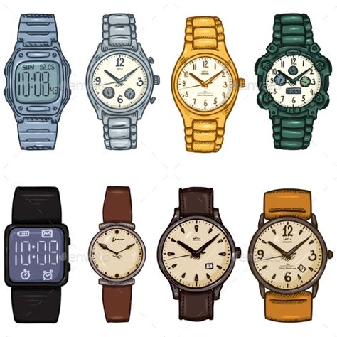 Set of Cartoon Color Wrist Watches - #Man-made Objects #Objects Download here: https://graphicriver.net/item/set-of-cartoon-color-wrist-watches/19719367?ref=alena994 Art Watches, Watch Cartoon, Watch Reference Drawing, Man Made Objects, Watches Illustration, Wrist Watch Drawing Reference, Hand Watch Drawing, Watch Art, Watch Illustration