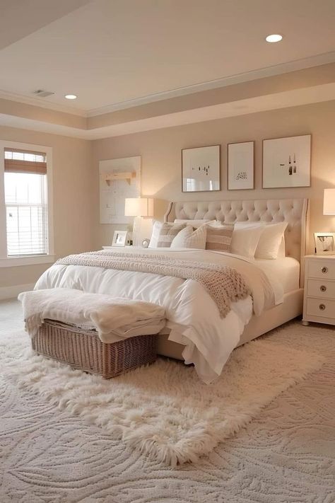 Parents Master Room, Carpet On Top Of Carpet Ideas, Beige Bedroom Ideas Aesthetic, Cozy Beige Bedroom Aesthetic, White And Beige Room Aesthetic, Girly Neutral Bedroom, Apartment Bedroom With Carpet, Beige Room Aesthetic Bedroom, Beige Room Ideas Bedroom