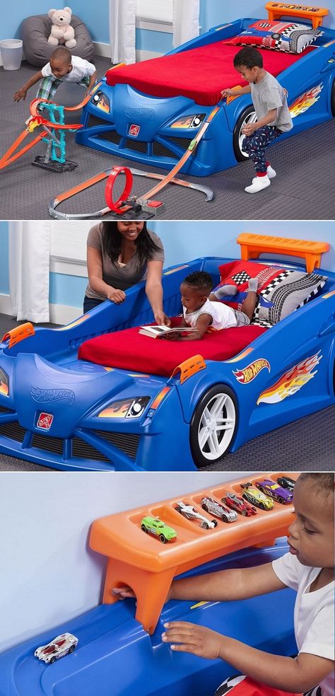 Blue colored Hot Wheels race car bed, with dream come true features, is not just a standard toddler bed but an awe-inspiring piece that will make the transition phase of crib mattress into a twin mattress an easy and enjoyable passage to be cherished by kids and family alike. Made in the USA, Hot Wheels race car bed by Step2 is designed to grow with your child and finally transform into a twin bed. Hot Wheels Bedroom, Auto Humor, Race Car Bedroom, Hot Wheels Race Track, Toddler Car Bed, Twin Car Bed, Twin Car, Kids Car Bed, Hot Wheels Room