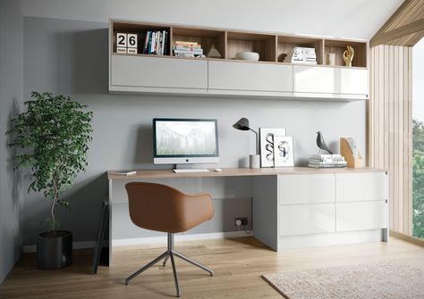 Add a sleek finish to your home office with the Strada Gloss finish Grey Home Office, Office Space Decor, Wall Cupboards, Desk Drawers, Office Design Inspiration, Grey Office, Kitchen Planner, Grey Home, Desk Inspiration