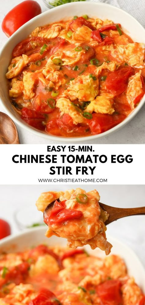 15-min. Easy Chinese Tomato Egg Stir-Fry. Soft silky eggs stir fried in a sweet tangy tomato sauce with green onions. A fantastic dish for dinner or lunch and often served with steamed rice. #tomato and egg recipes #chinese food #chinese dish #chinese recipe #eggs Tomato And Egg Recipes, Dinner Recipes Chinese, Asian Egg Recipe, Tomato Egg Recipe, Egg Stir Fry, Tomato And Egg, Recipes Chinese Food, Best Fried Rice, Homemade Fried Rice