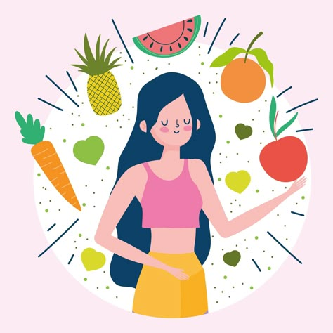 Young woman with fresh and healthy fruits and vegetables Cerebro Dibujo, Classroom Rules Display, Vegetable Drawing, Food Illustration Design, Healthy Fruits And Vegetables, Kpop Iphone Wallpaper, Food Cartoon, Body Condition, Fruit Illustration