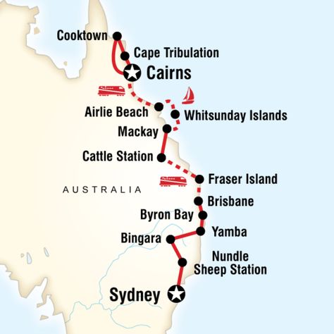 Map of the route for East Coast Encompassed - Sydney to Cairns (G Adventures) East Coast Australia, Fraser Island Australia, Magnetic Island, Cairns Australia, Australia Vacation, East Coast Road Trip, Fraser Island, Airlie Beach, Australia Map